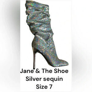 Glitter slouch high heel party boots!! Taylor Swift iridescent  sequin silver EC